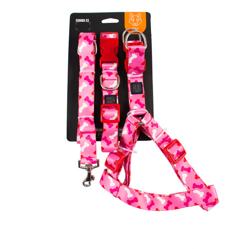 TRICOMBO HUESITOS PINK- COLLAR + ARNÉS + CORREA ESTAMPADOS PARA PERRO