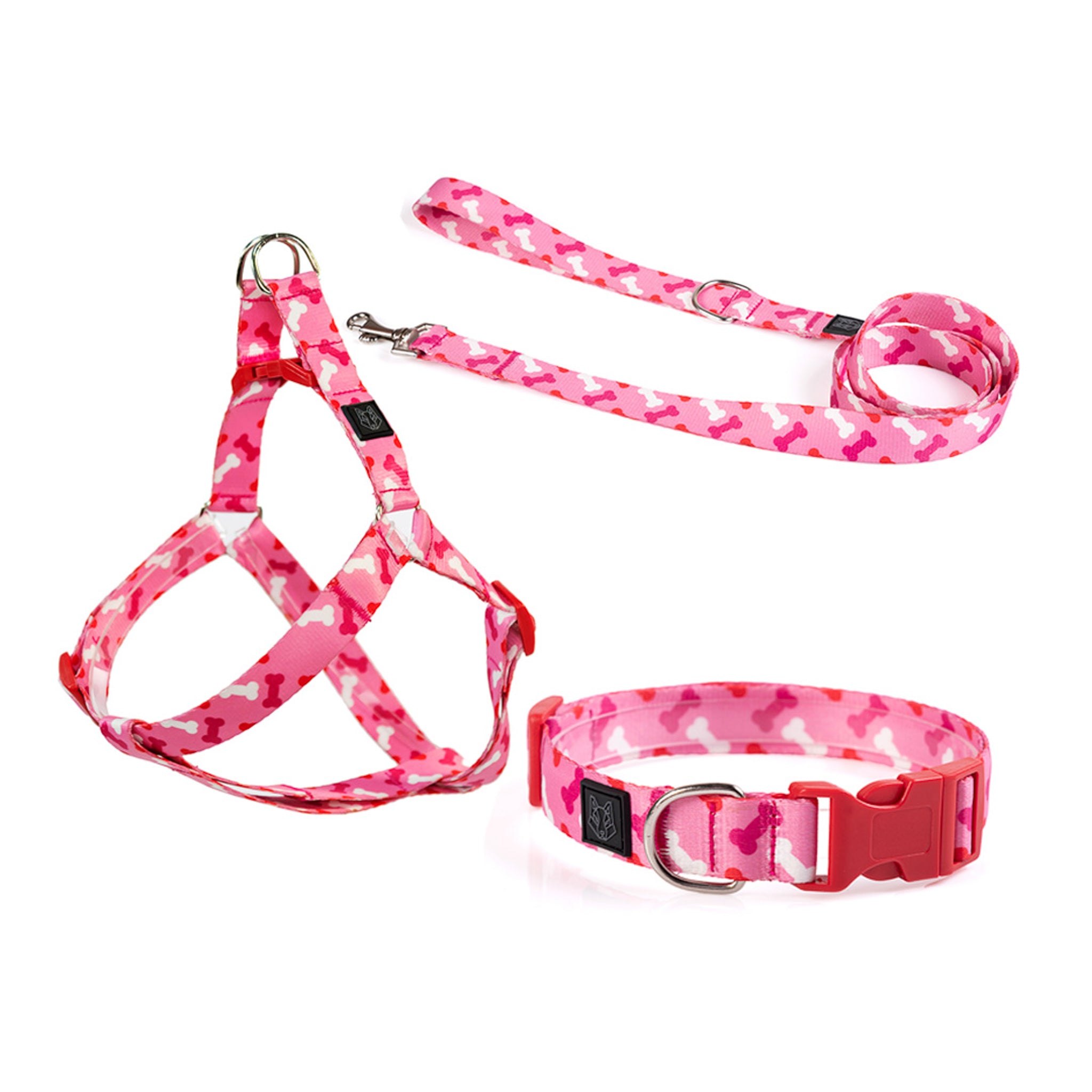 TRICOMBO HUESITOS PINK- COLLAR + ARNÉS + CORREA ESTAMPADOS PARA PERRO